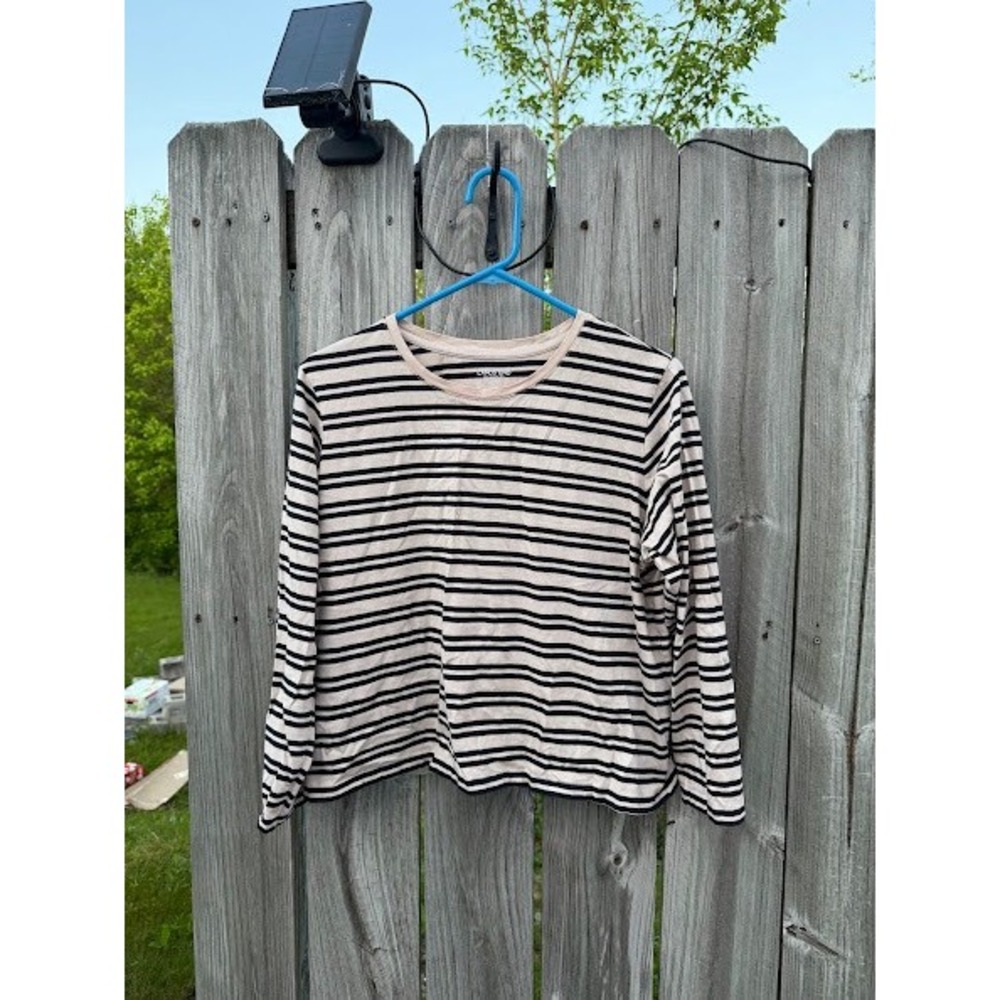Lands End Relaxed Fit Striped Long Sleeve Crew Neck Top Beige Black Small